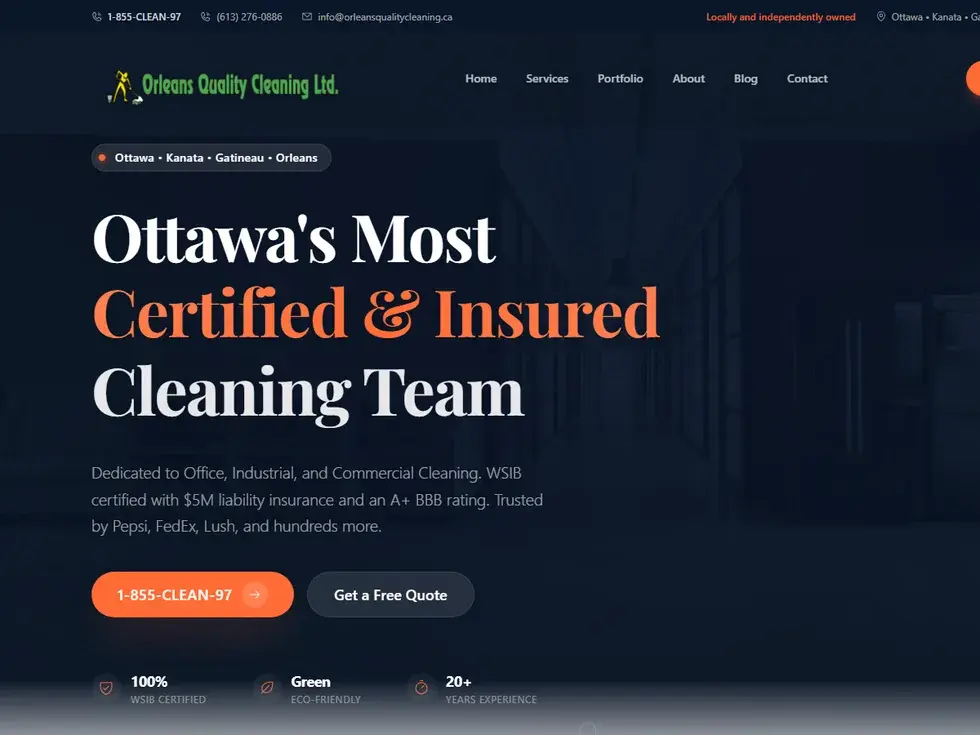 The Orleans Quality Cleaning site: Ottawa's Most Certified and Insured Cleaning Team, with the quote line and WSIB credentials.