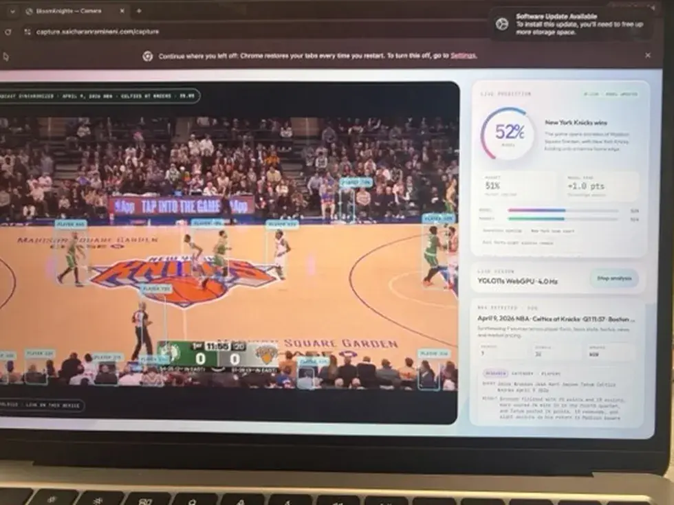 PredictIt running live on a Knicks vs Celtics game: YOLO tracking boxes over the players and a 52 percent win-probability dial beside the market's 51 percent.