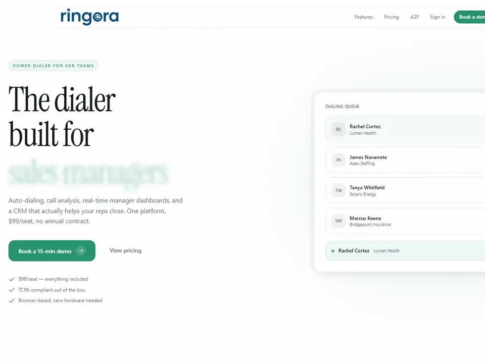 The Ringora dialer: the marketing site beside a live dialing queue of leads with call scores.